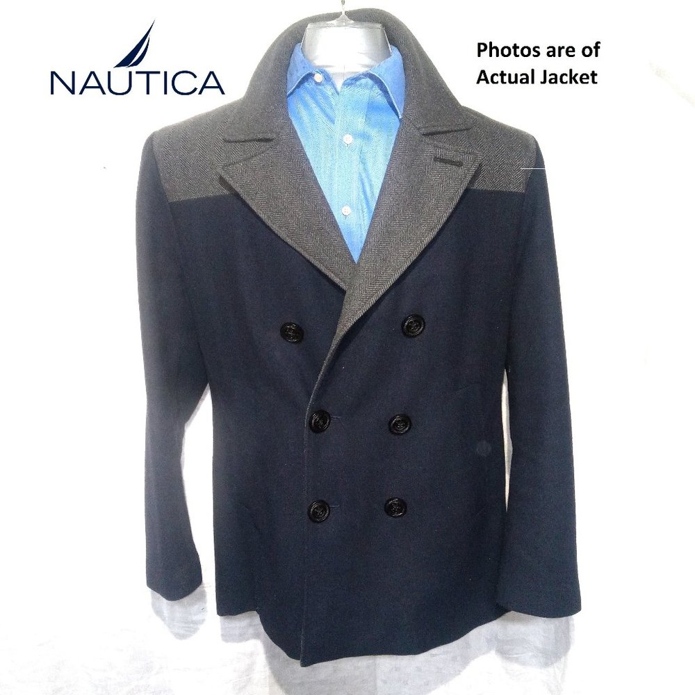 Nautica Wool Blend Blue & Grey Pea Coat Mens Large Winter Button up Jacket